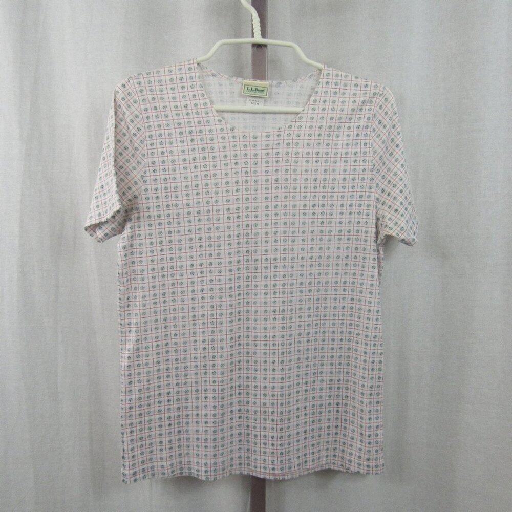 LL Bean Vintage Medium Small Window Pane Patterned Scoop Neck Tee T-Shirt